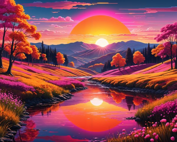 Vibrant Sunset Over Serene River Landscape