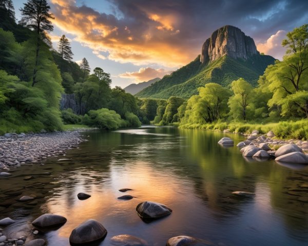 Serene River in Lush Landscape at Sunset