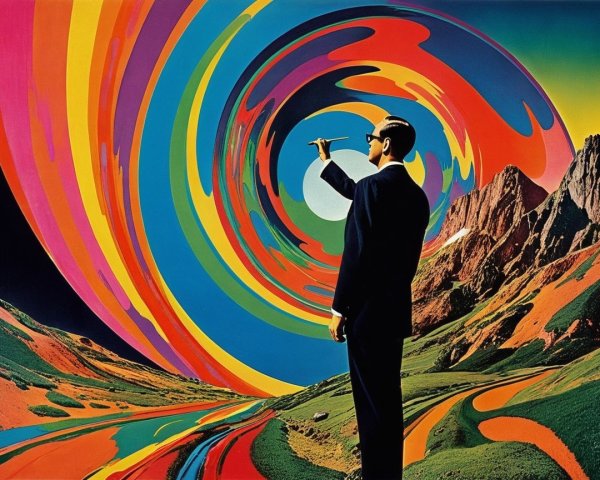 Man in Suit Against Psychedelic Vortex Background