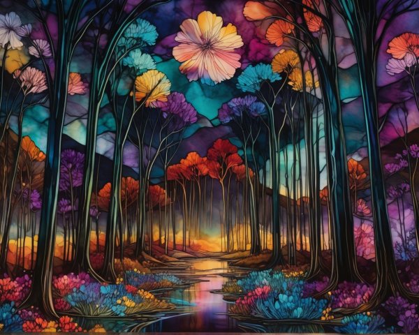 Vibrant Stained Glass Art of a Forest and River Scene
