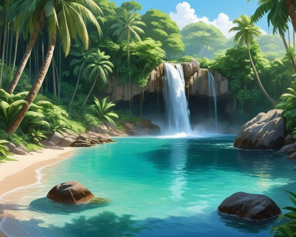 Tropical Paradise with Waterfall and Turquoise Lagoon