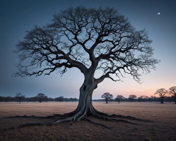 Solitary tree in twilight landscape with crescent moon