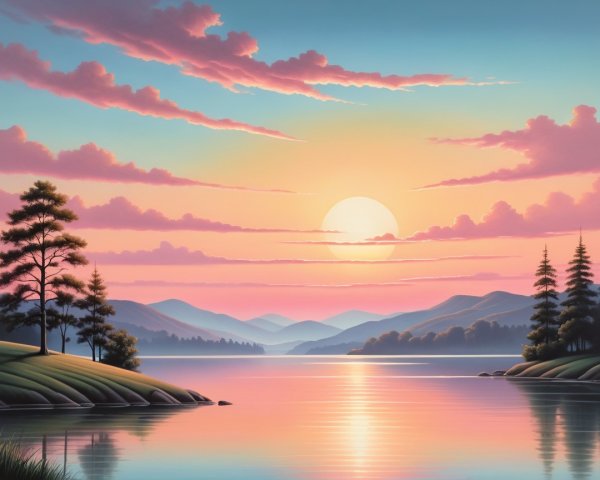 Tranquil Lake Sunset Landscape with Silhouetted Mountains