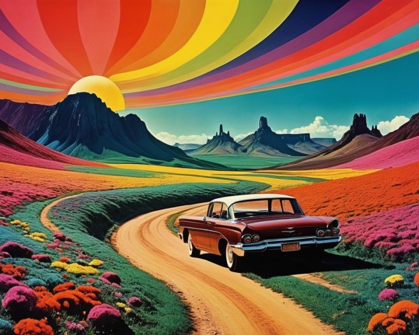 Psychedelic landscape with vintage car and sunrise