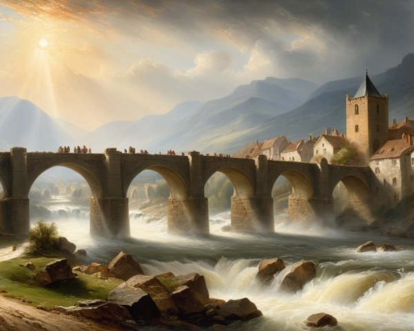 Scenic Landscape with Stone Bridge and River View