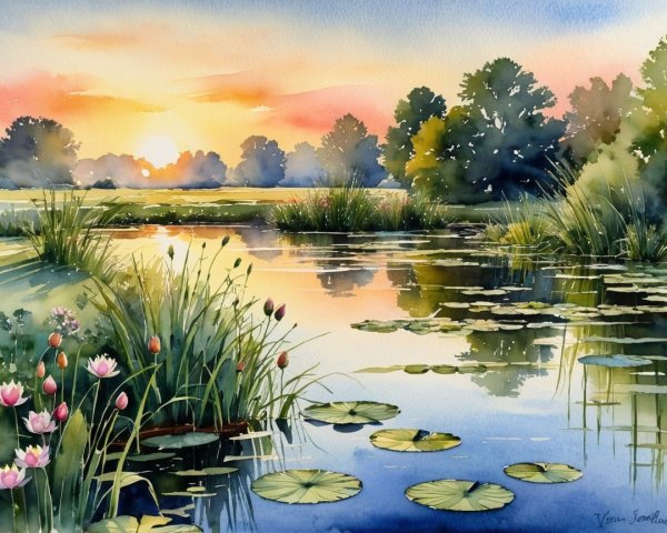 Tranquil Pond Landscape with Sunrise Reflections