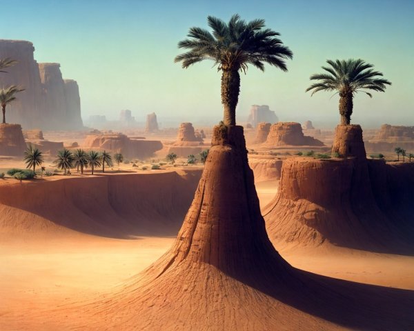 Desert Landscape with Rock Formations and Palm Trees