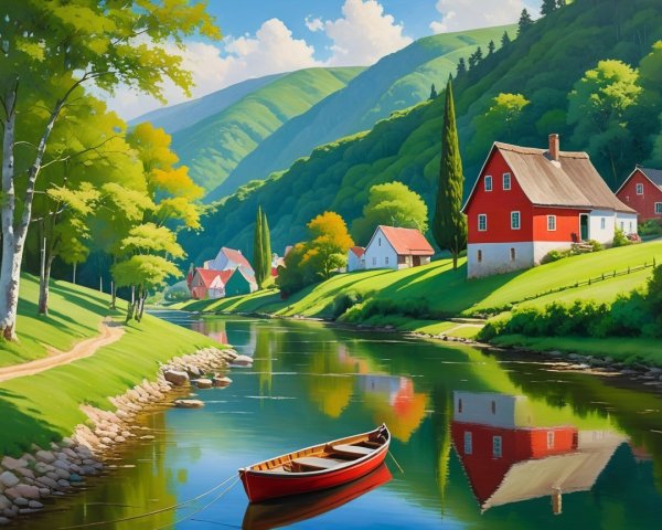 Scenic River Landscape with Lush Green Hills and Houses