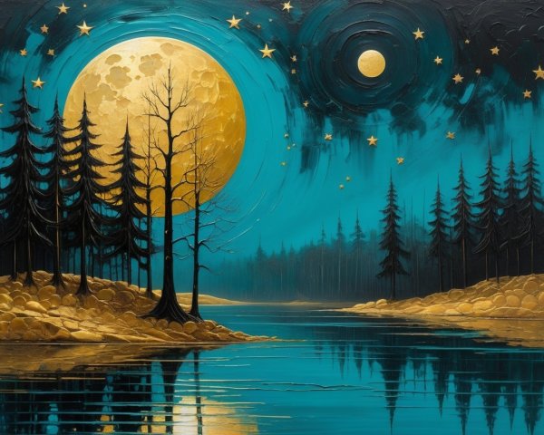 Serene Night Landscape with Moonlit River and Trees