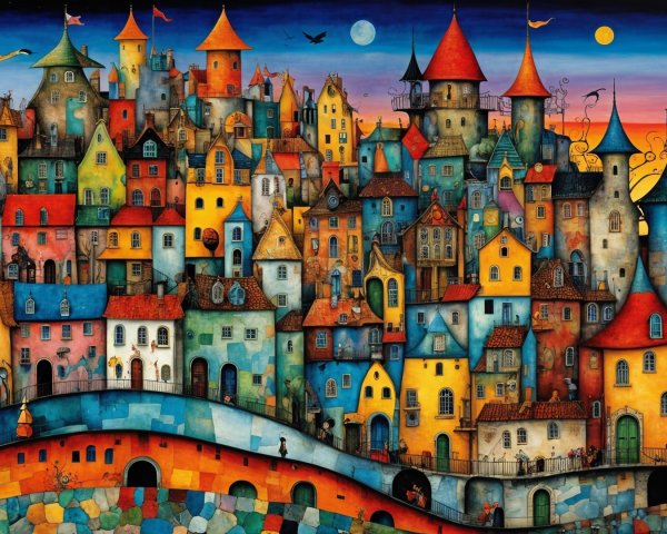 Colorful Town Landscape with Unique Buildings and Sunset