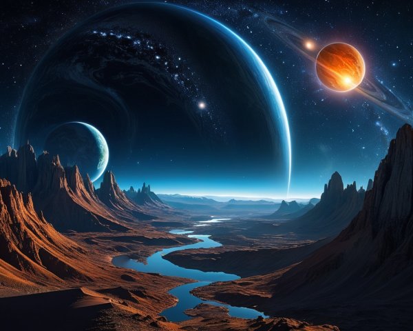 Cosmic Landscape with Mountains and Planets at Night