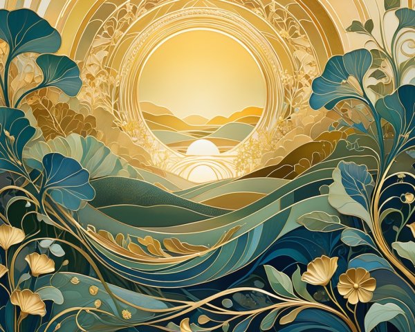 Serene landscape with rolling hills and stylized vegetation
