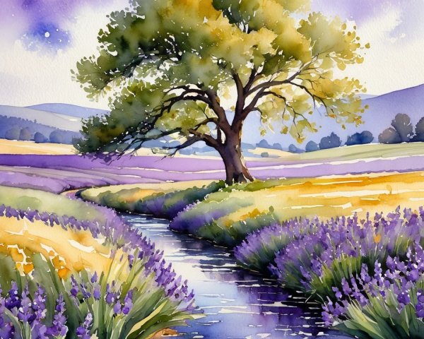 Serene Landscape with Tree, Stream, and Lavender Fields