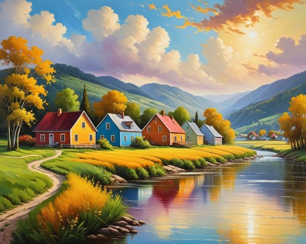 Vibrant countryside landscape with serene river and cottages
