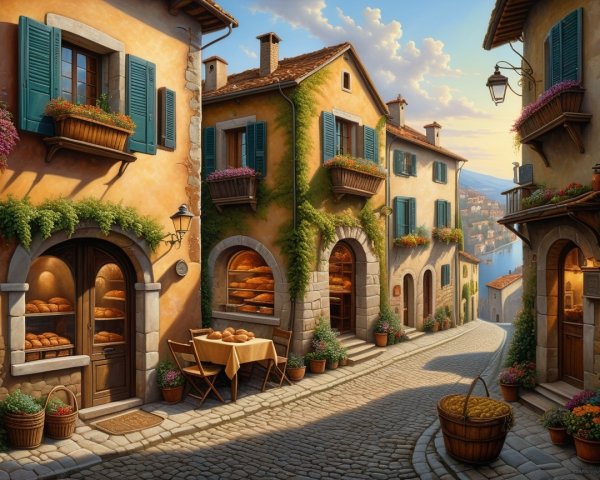 Charming Cobblestone Street with Quaint Buildings and Flowers
