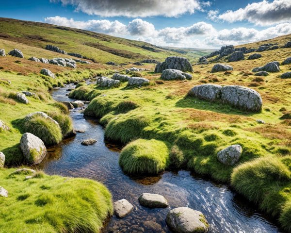 Serene Landscape with Stream and Rolling Hills