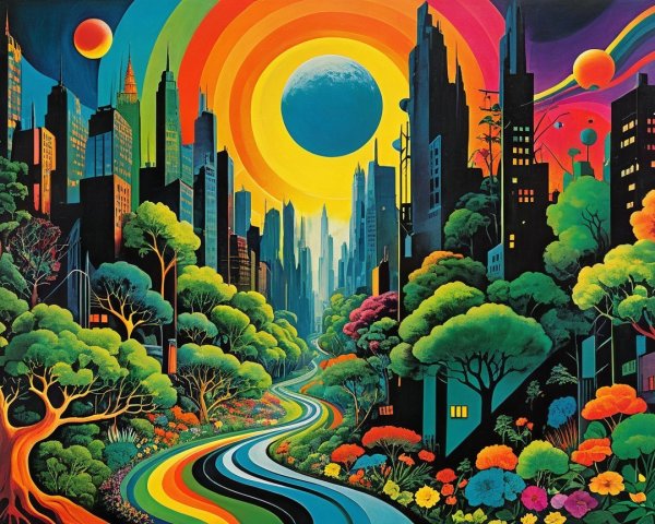 Vibrant Cityscape with Skyscrapers and Nature Elements