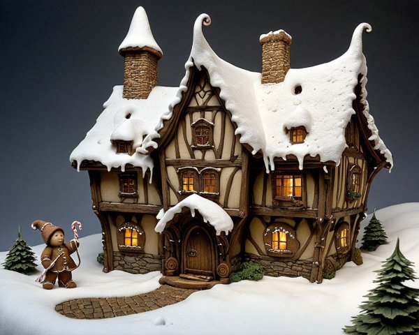 Festive Winter Village Scene with Gingerbread House