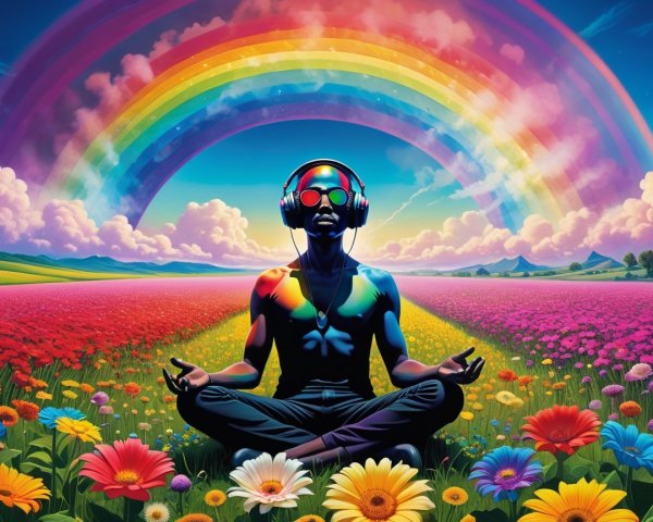 Man Meditating in a Field of Colorful Flowers
