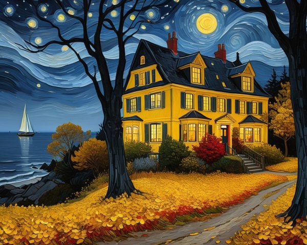 Vibrant Night Scene with Yellow House by Seaside