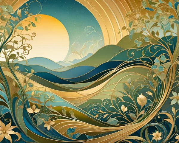 Vibrant Landscape with Flowing Hills and Flora