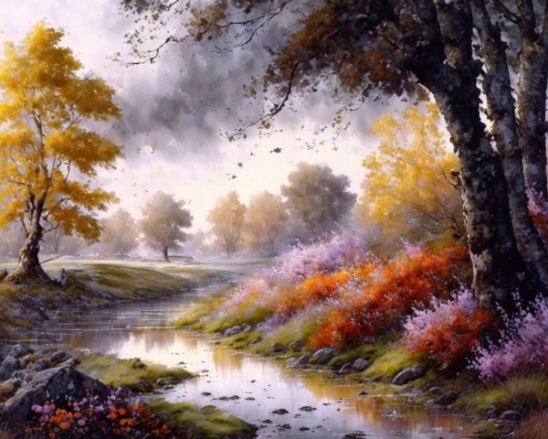 Autumn Landscape with Stream and Colorful Foliage