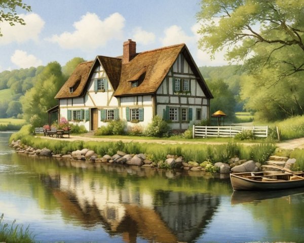 Thatched-roof cottage by serene river in lush landscape