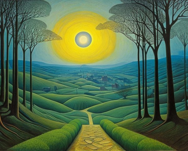 Serene Landscape with Rolling Hills and Sunrise Glow