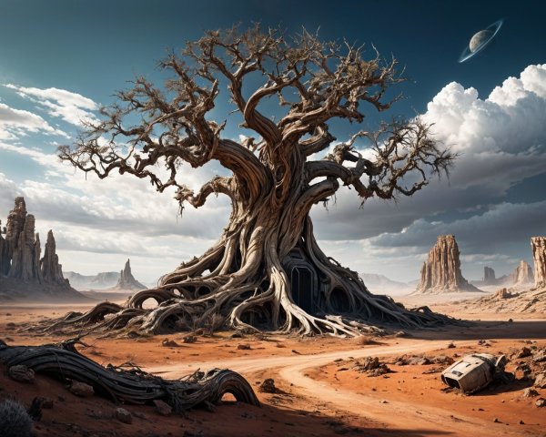 Colossal Tree in Desert with Rock Formations and Ruins