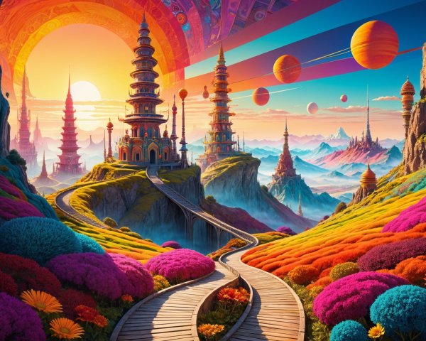 Vibrant Fantastical Landscape with Pagodas and Planets