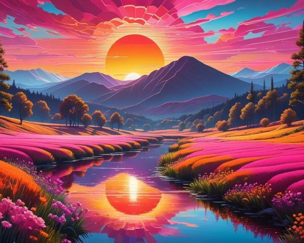 Vibrant Landscape with River and Sunset Reflections