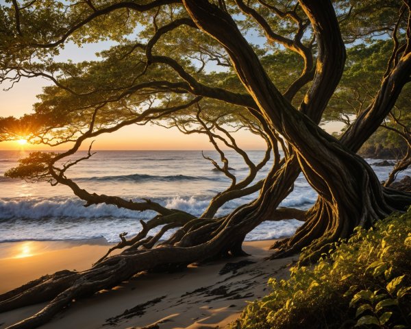 Tranquil Beach Scene at Sunset with Ancient Trees