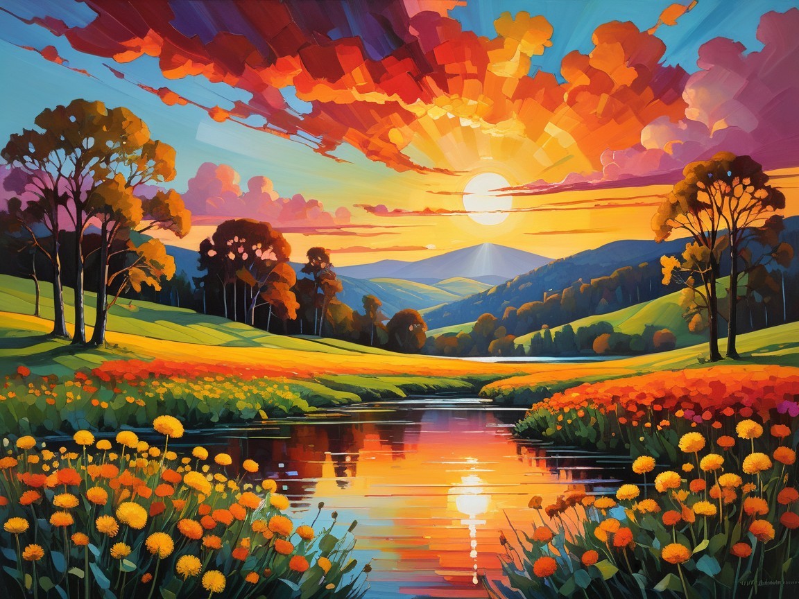 Vibrant Sunset Landscape with Reflective River