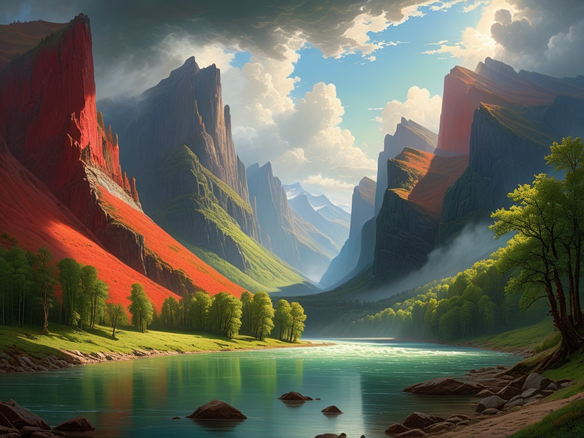 Rugged Mountain Landscape with Vibrant Foliage and River