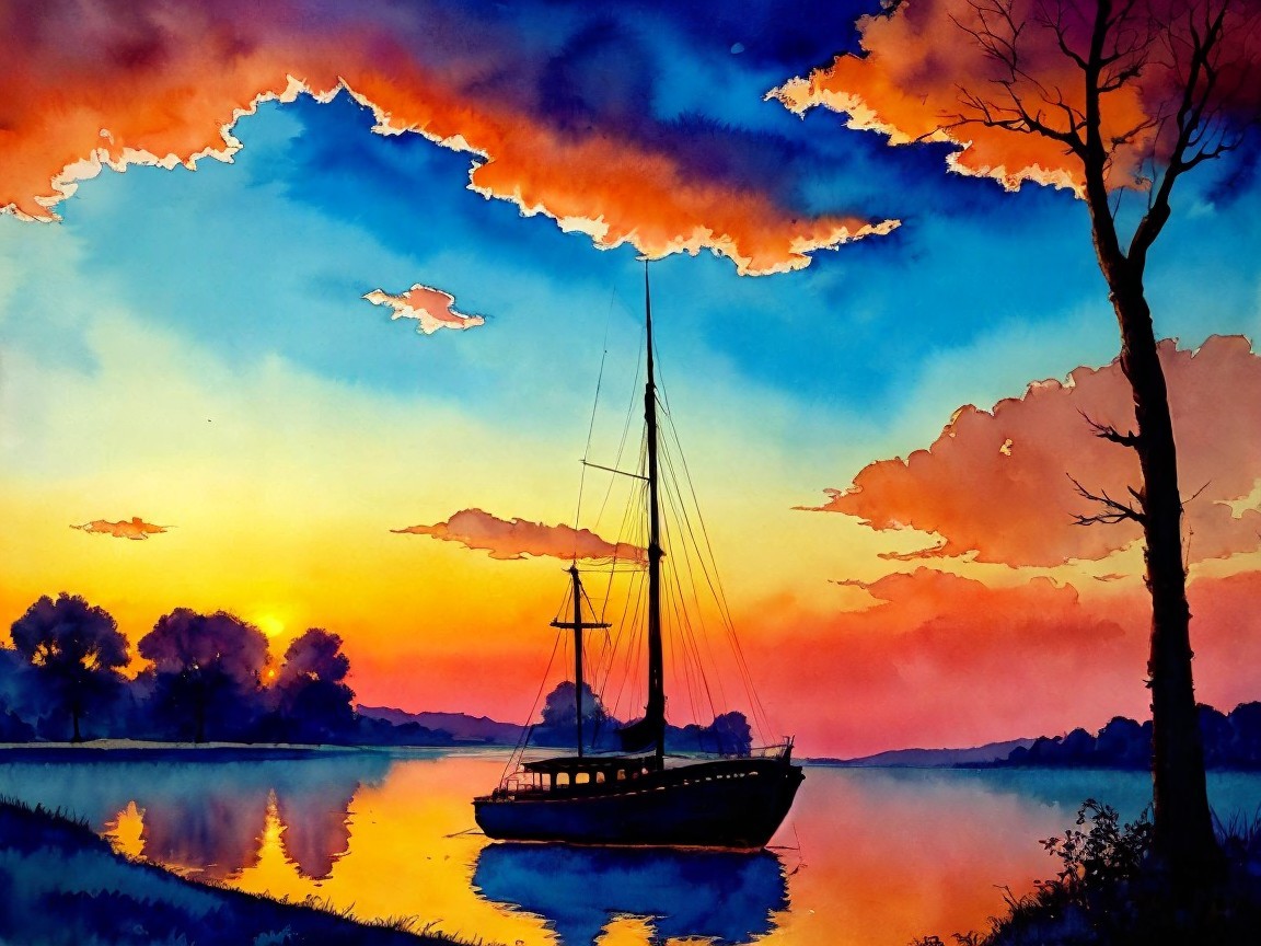 Tranquil Sunset Over a Serene Lake with Sailboat