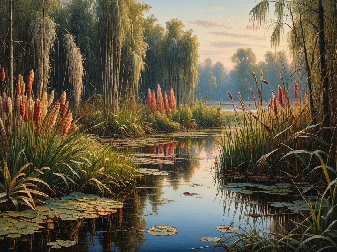 Serene Landscape with Tranquil Waterway and Flora