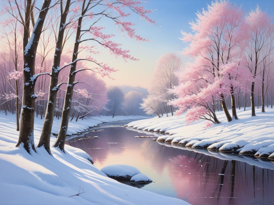 Winter Landscape with River and Cherry Blossoms