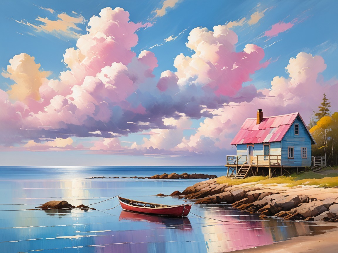 Coastal Scene with Blue House and Red Boat