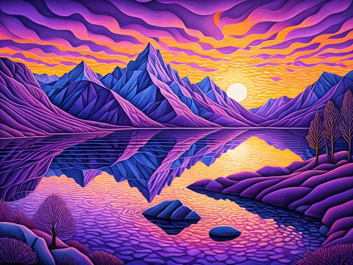 Vibrant Landscape with Purple Mountains and Sunset Sky