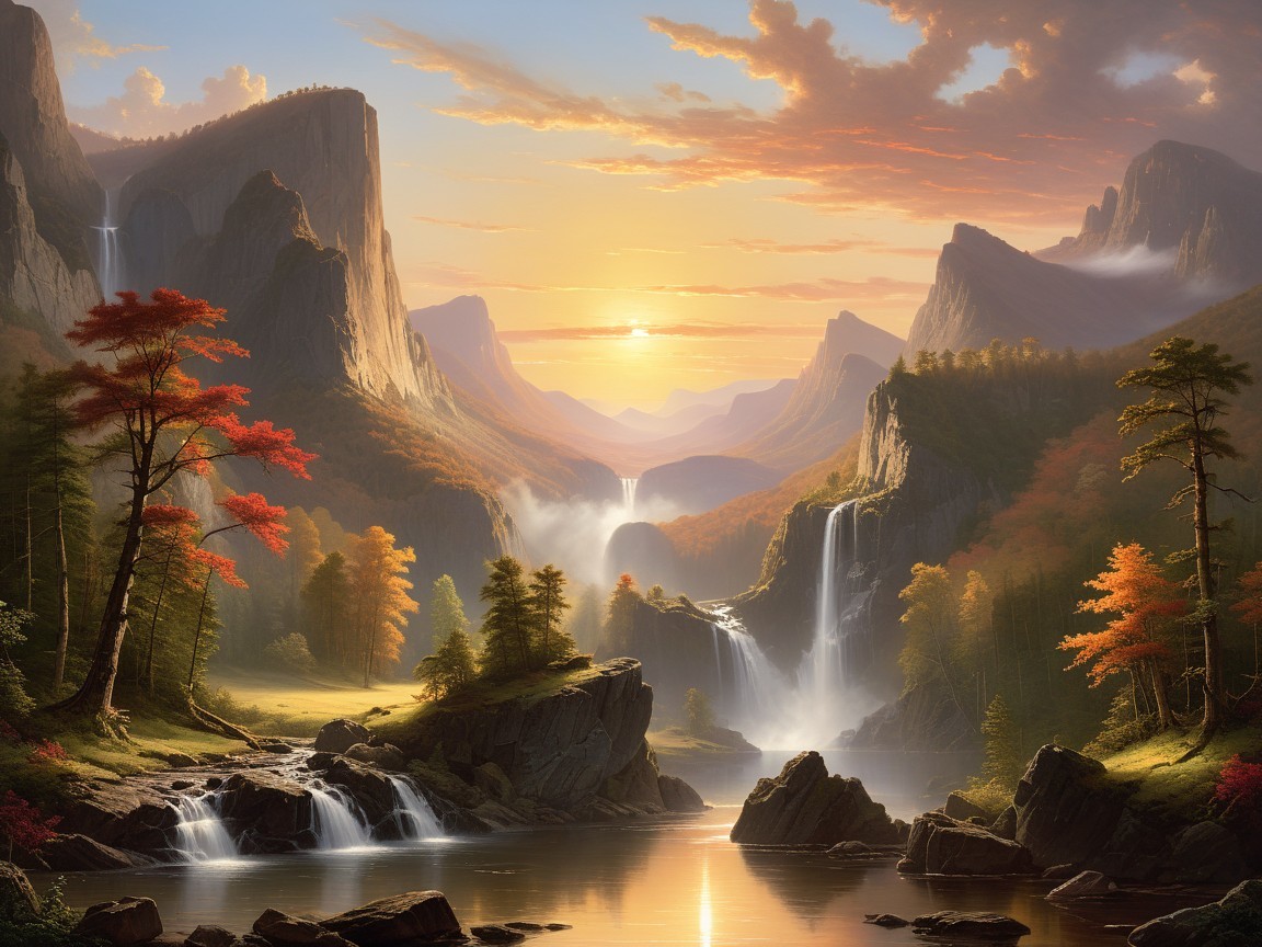 Sunset Landscape with Mountains and Waterfalls