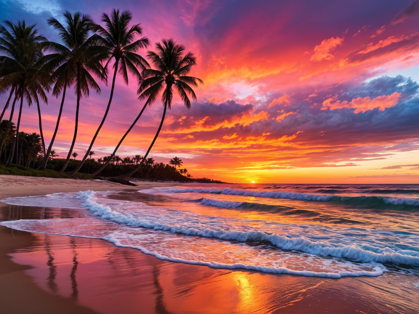 Vibrant Sunset Over Serene Beach with Palm Trees