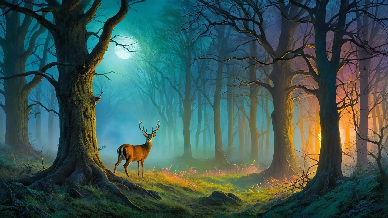Majestic deer in a mystical forest under a full moon