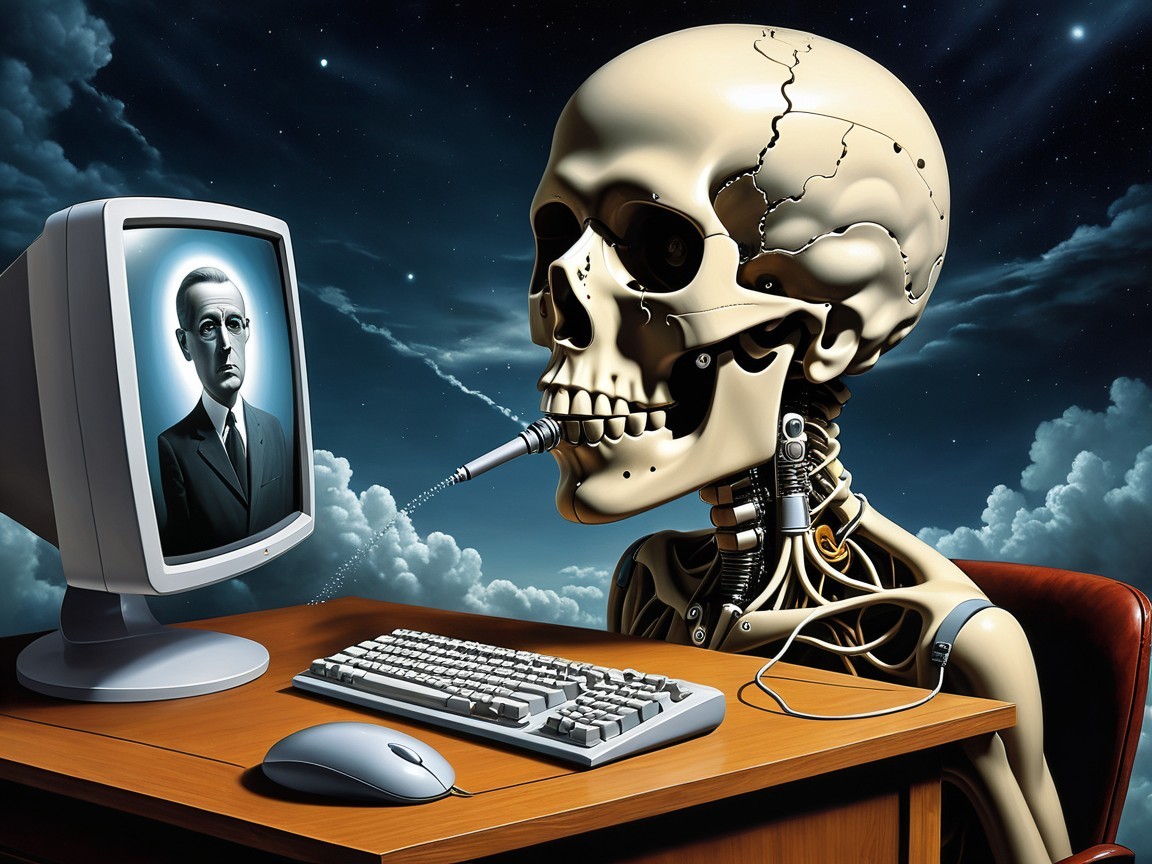 Skeletal Figure with Robotic Enhancements at Computer