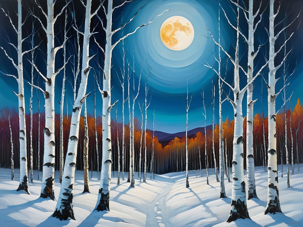 Winter Landscape with Birch Trees and Moonlight