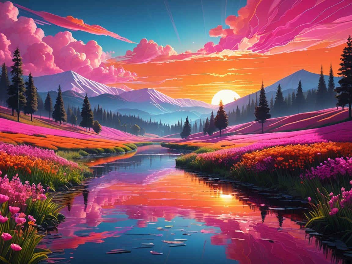 Vibrant Landscape with River and Sunset Reflection