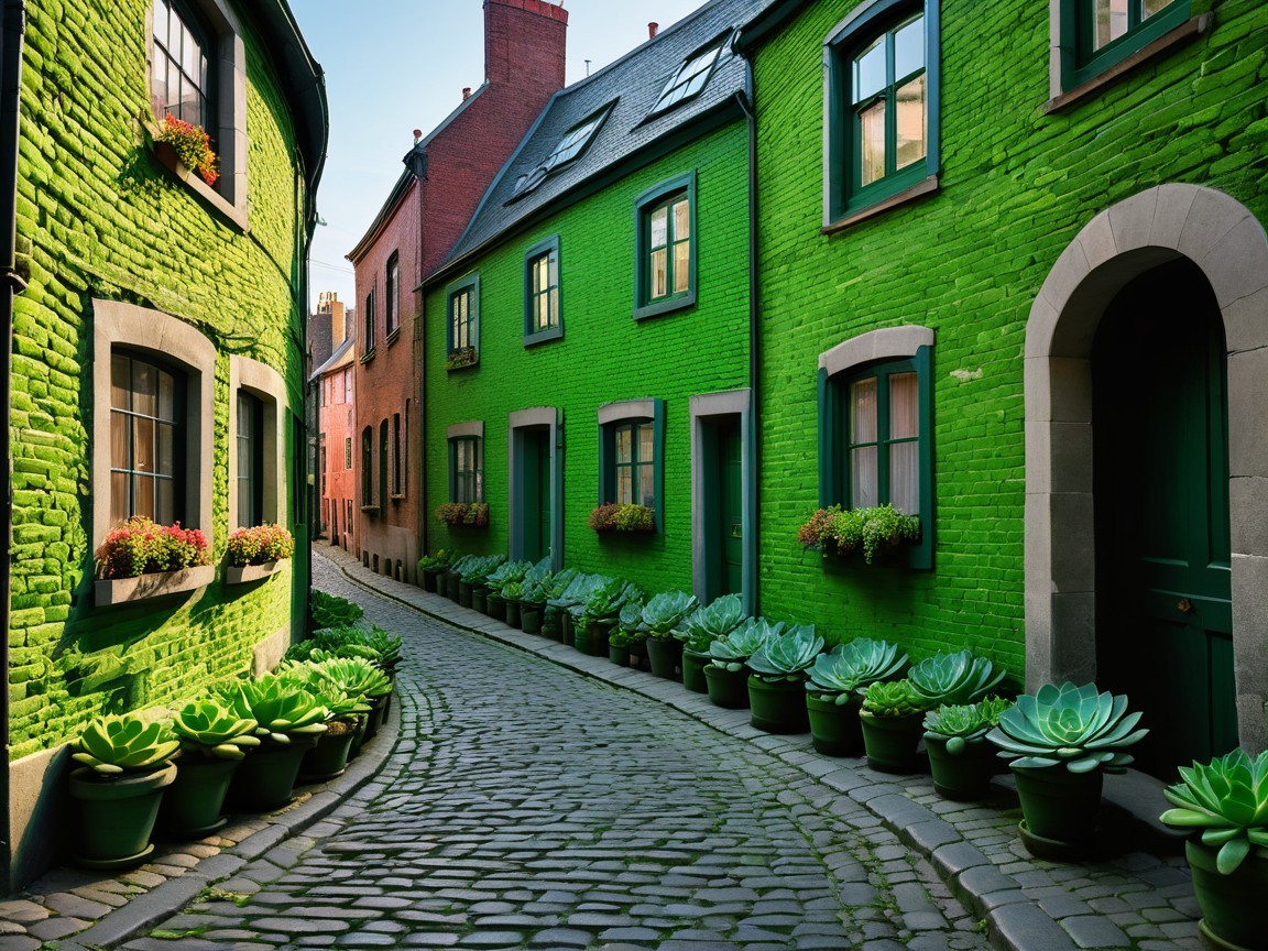 Charming Cobblestone Alley with Green Brick Houses