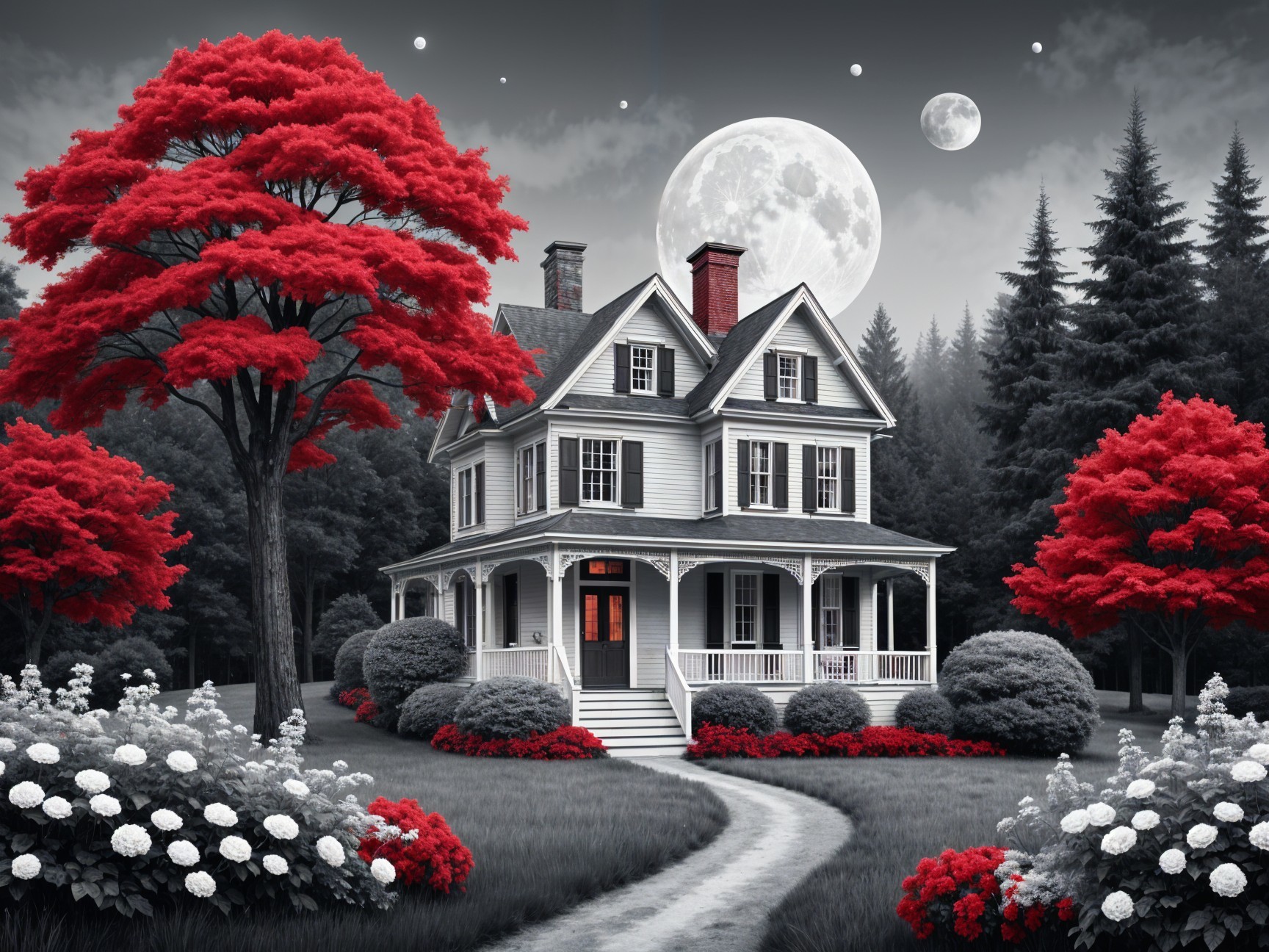 Victorian House in Serene Landscape with Full Moon