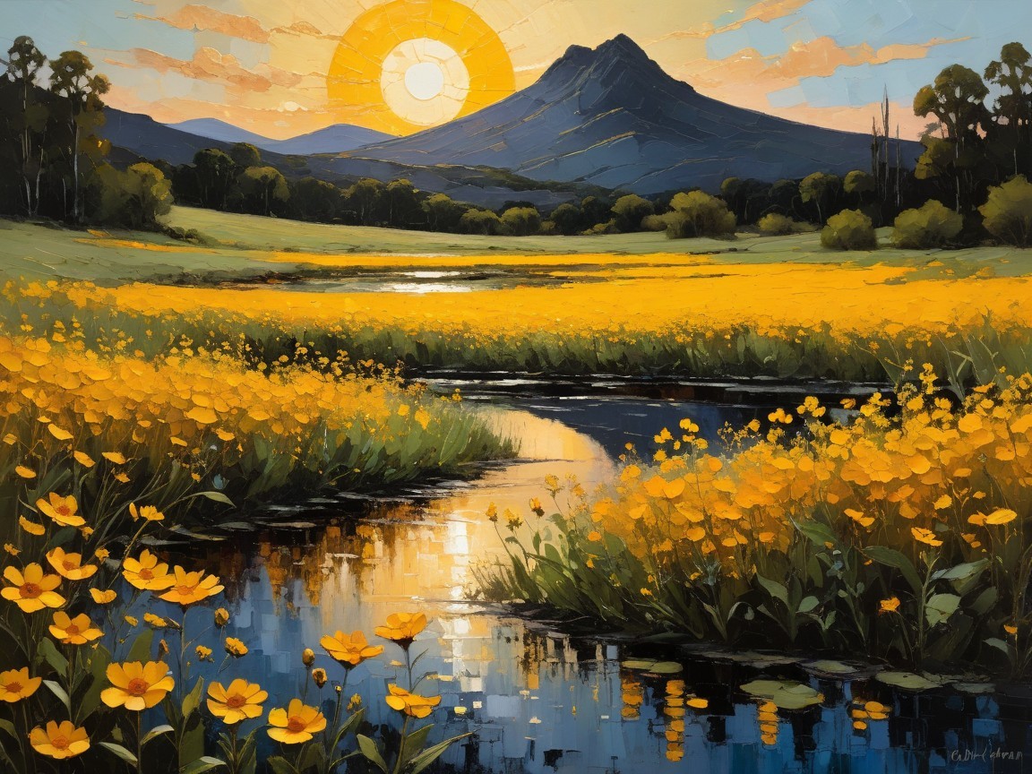 Vibrant Landscape with Yellow Flowers and River