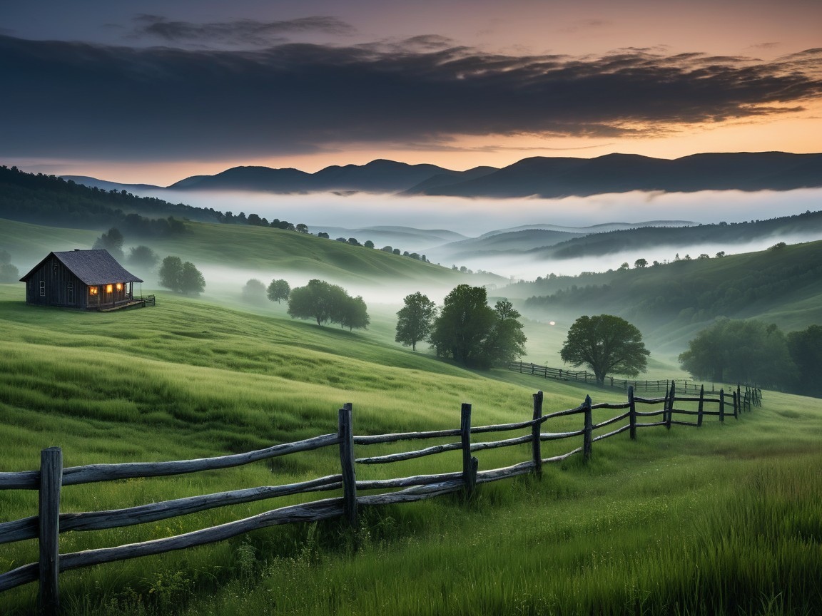 Tranquil Dawn Landscape with Rustic Cabin and Hills