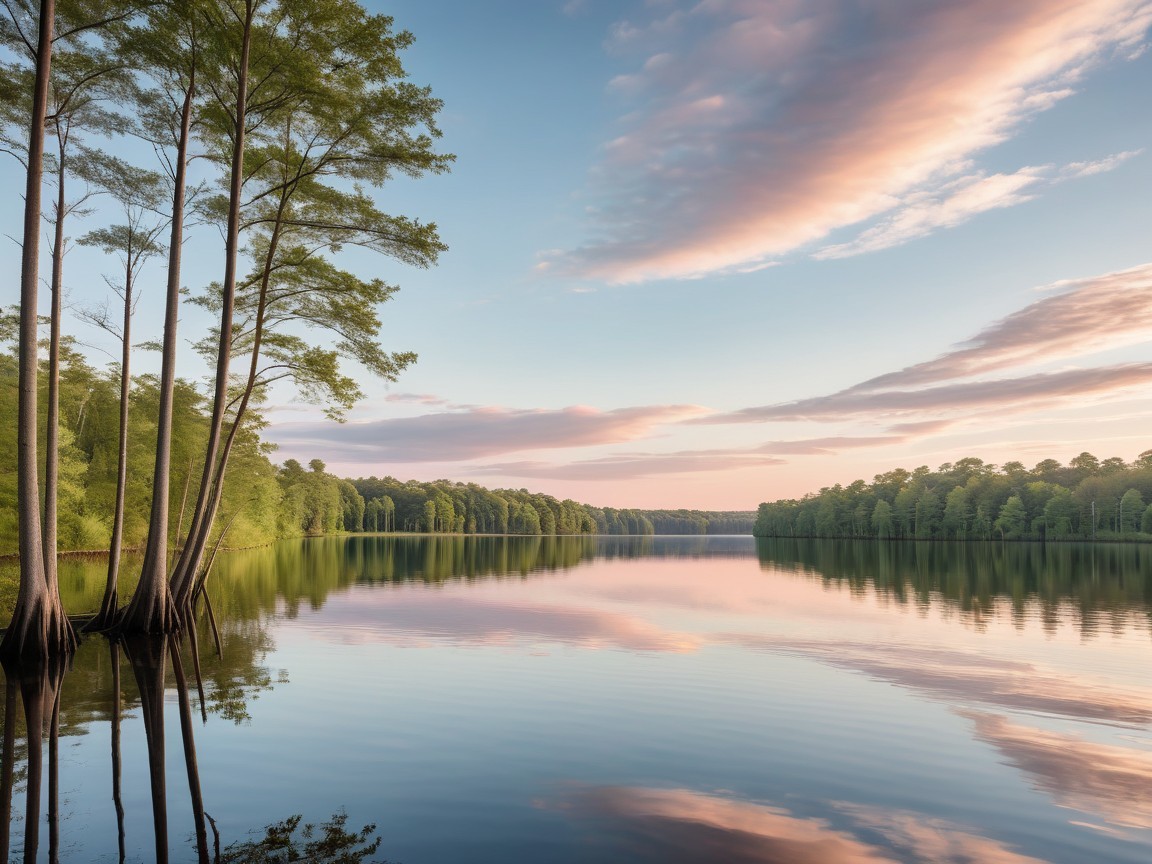 Serene Lake at Dawn with Pastel Sky and Trees